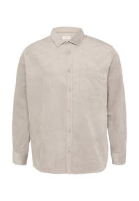 Beige Kordhemd mit langen Ärmeln, spitzem Kragen, vorderem Knopfverschluss, einzelner Brusttasche und gerippter Textur über die gesamte Oberfläche.