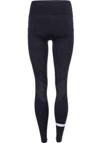 Leggings de sport noirs avec une taille haute, des accents à motif à pois sur les côtés et une bande bleu clair sur le bas de la jambe.
