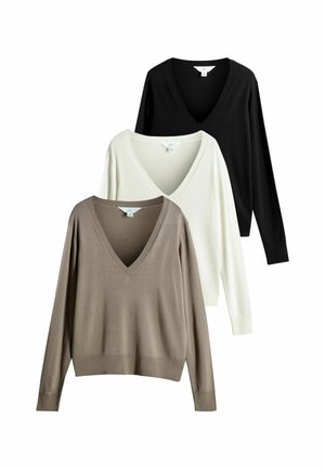 Drie lange mouw v-hals truien in beige, wit en zwart. Gemaakt van zachte, gebreide stof met geribde halslijnen en manchetten.
