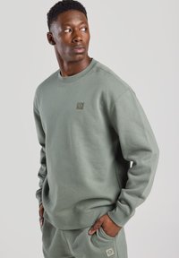 Felpa verde realizzata in tessuto morbido, con colletto a girocollo, polsini a costine e una piccola etichetta con logo sul petto. Abbinata a pantaloni coordinati.