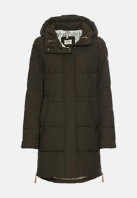 Polstret parka-jakke i mørkegrøn farve med hætte, frontlynlås, trykknapper og sidelommer med brune detaljer. Blød inderside.