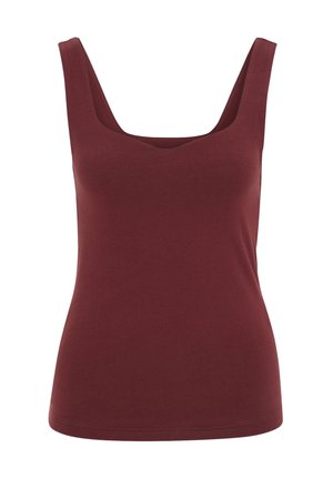 Débardeur bordeaux pour femme sans manches, avec larges bretelles et encolure carrée, fabriqué en tissu doux et extensible.