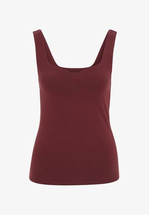 Varrukateta naiste bordoopunane tank top laiade õlapaelte ja ruudukujulise kaelusega, valmistatud pehmest ja elastset kangast.