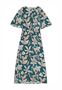 Türkises Kleid mit Blumen- und Blätterdesign in Weiß, Rosa und Orange. Mit einem quadratischen Ausschnitt und kurzen Ärmeln sowie einem elastischen Taillenbund.