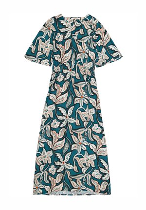 Teal jurk met bloemen- en bladmotief in wit, roze en oranje. Heeft een vierkante halslijn en korte mouwen met een elastische taille.