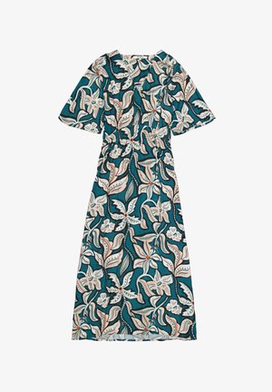 Teal jurk met bloemen- en bladmotief in wit, roze en oranje. Heeft een vierkante halslijn en korte mouwen met een elastische taille.