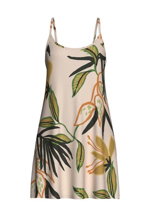 Beigenvärinen hihaton mekko ohuilla olkaimilla, jossa on suuri vihreän, mustan, oranssin ja keltaisen trooppisen lehtien ja kukkien printti.