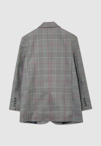 Blazer a quadri grigi con accenti neri e rosa, colletto classico, maniche lunghe e taglio dritto con spacco sul retro.