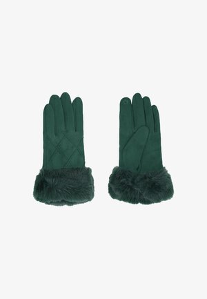 Guanti verdi realizzati in morbido materiale, con un design trapuntato sulla parte posteriore e un polsino in pelliccia sintetica imbottita per garantire calore.