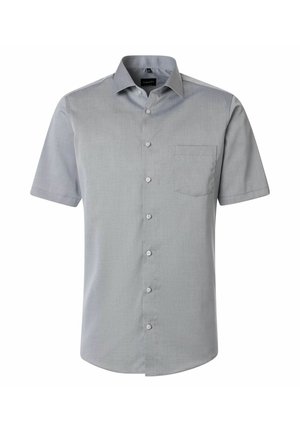 Lysegrå kortærmet skjorte med knapper, spids krave og brystlomme på venstre side.