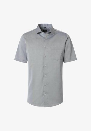 Jasnoszara koszula z krótkim rękawem, zapinana na guziki, z ostrym kołnierzem i kieszenią na piersi po lewej stronie.