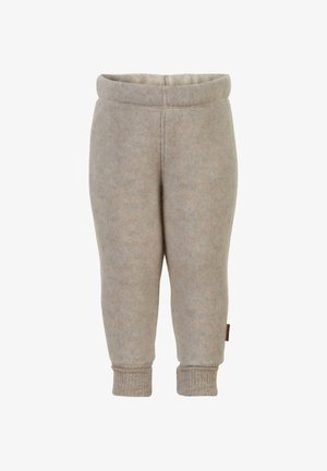 Spodnie z polaru w jasnobeżowym kolorze, charakteryzujące się miękką fakturą, elastycznym pasem i prążkowanymi ściągaczami dla dopasowania. Zawierają detal w postaci tkanowanej metki.