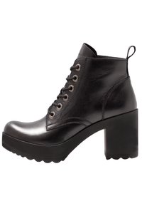 Black leather ankle boot with a chunky block heel, lace-up front, and discreet pull tab. Smooth texture with silver eyelets and rubber sole.