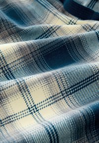 Blau- und cremefarbener Karo-Stoff mit Linien unterschiedlicher Dicke, der eine weiche Textur aufweist und eine Mischung aus kleinen und großen Karos zeigt.