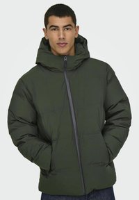 Chaqueta de plumas verde con capucha, con cierre frontal, diseño acolchado y corte relajado, sobre un fondo liso.