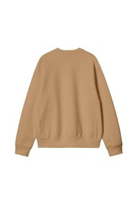 Sudadera marrón con cuello redondo, puños y dobladillo de canalé. Tejido suave y texturizado, con un corte holgado sin ninguna marca visible.