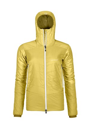 Gelbe isolierte Jacke mit passender Kapuze, Reißverschluss vorne und Seitentaschen. Verfügt über eine gesteppten Textur und kontrastierende Reißverschlüsse.