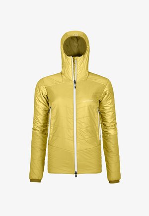 Gelbe isolierte Jacke mit passender Kapuze, Reißverschluss vorne und Seitentaschen. Verfügt über eine gesteppten Textur und kontrastierende Reißverschlüsse.