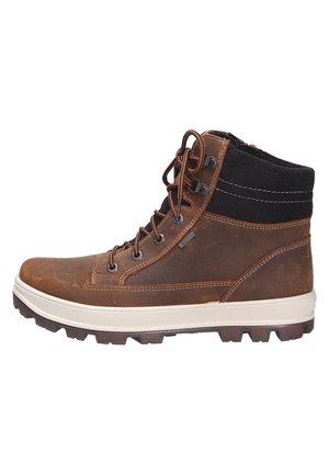 Braune Lederwanderstiefel mit schwarzem Textilobermaterial, Gummisohle, Metallösen und kontrastierendem Steppdetail.