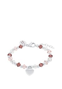 Armband mit Perlen aus klaren, hellrosa und dunkelroten Kristallen. Akzente aus silberfarbigem Metall und ein weißer Herzanhänger.