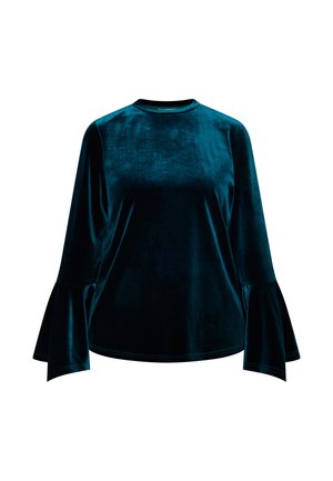 Haut en velours teal avec de longues manches évasées et un col rond. Texture lisse avec un léger éclat, offrant une coupe classique et décontractée.