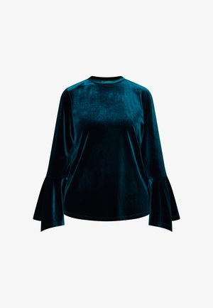 Haut en velours teal avec de longues manches évasées et un col rond. Texture lisse avec un léger éclat, offrant une coupe classique et décontractée.