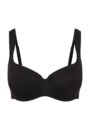 Zwarte gewatteerde bh van gladde stof, met ondergoedsteun, verstelbare schouderbanden en een naadloos ontwerp. Klassieke stijl geschikt voor diverse outfits.