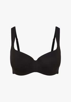 Zwarte gewatteerde bh van gladde stof, met ondergoedsteun, verstelbare schouderbanden en een naadloos ontwerp. Klassieke stijl geschikt voor diverse outfits.