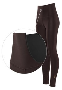 Collant a vita alta marrone scuro con cuciture rinforzate e tessuto liscio, ingranditi nell'area della vita per mostrare i dettagli.