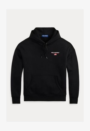 Sweatshirt preto feito de tecido macio, com um bolso canguru frontal, capuz com cordão e logótipo "POLO SPORT" bordado em vermelho com uma bandeira americana.