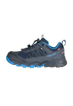 Dunkelgraue Wanderschuhe mit blauen Akzenten, strukturiertem Obermaterial, robuster Sohle, Schnell-Schnürsystem und profiliertem Laufsohlenmuster für guten Halt.