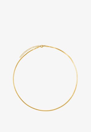 Gold-tone choker necklace with a smooth, round wire design. Features a lobster clasp and adjustable chain for sizing.
