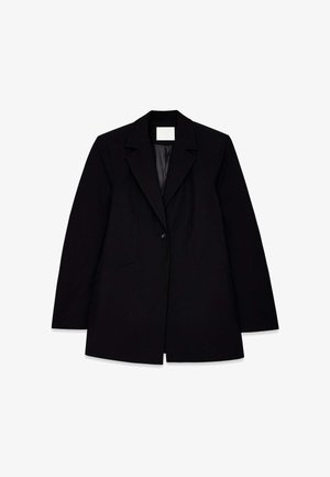 Svart kavaj med snedslått slag, enfaldig knäppning, två framsida fickor och en slät inredning, med en skräddarsydd passform.