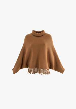 Poncho marrone lavorato a maglia con collo alto, caratterizzato da maniche ampie e una dettaglio a frange sull'orlo. Righe testurizzate su tutto il tessuto.