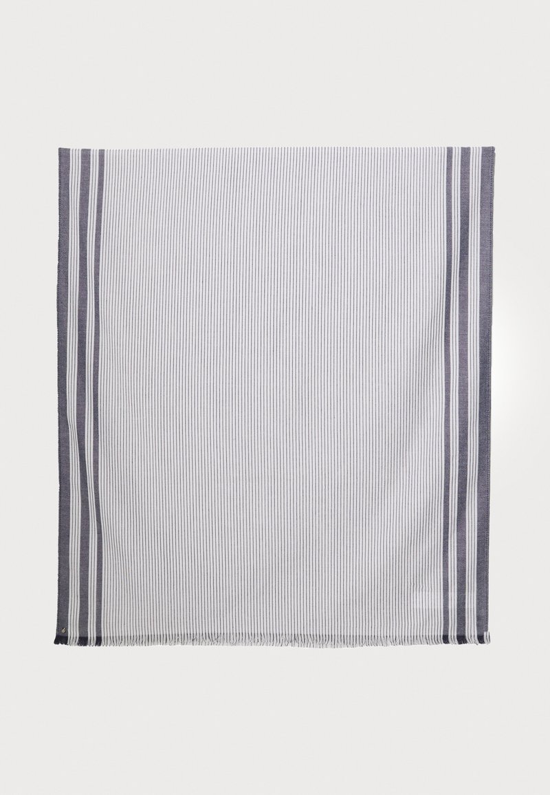 Tessuto di cotone a righe con linee blu chiare e scure alternate. I bordi sono rifiniti con nappine; textura leggera, forma rettangolare.