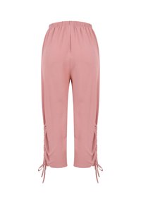 Pantalon rose à jambes larges avec taille élastique et détails froncés avec cordon en bas de chaque jambe.