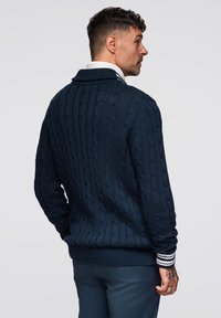 Maglione lavorato a maglia blu navy con una texture a coste, caratterizzato da un motivo a treccia e una banda a righe contrastanti sui polsi. Design con colletto alto.