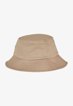 Beige cotton bucket hat with a wide, flexible brim and subtle stitching details. The design features a rounded crown and two side ventilation holes.