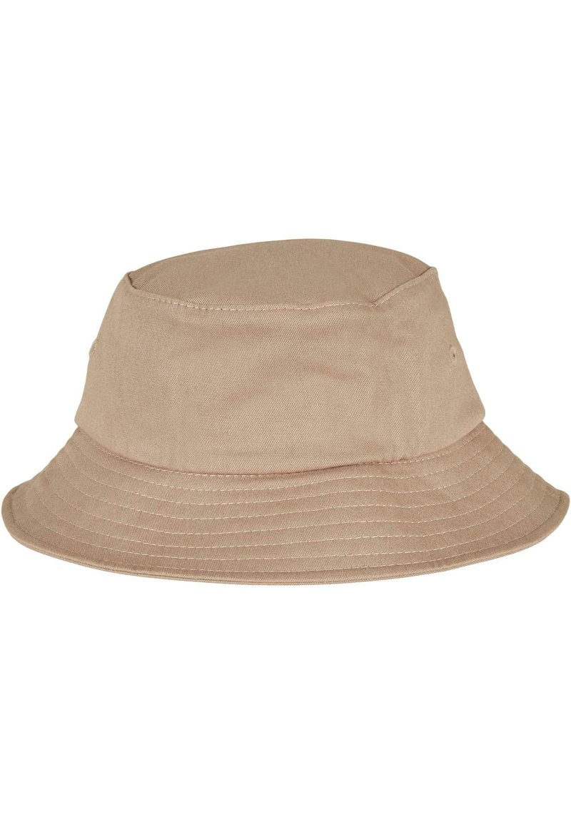 Beige bomullsbøttehatt med bred, fleksibel kant og subtile syninger. Designet har en rund krone og to ventilasjonshull på siden.