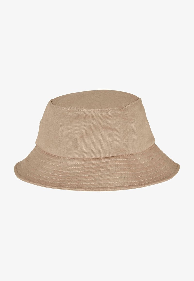 Beige katoenen bucket hat met een brede, flexibele rand en subtiele stiksels. Het ontwerp heeft een ronde kroon en twee ventilatiegaatjes aan de zijkant.