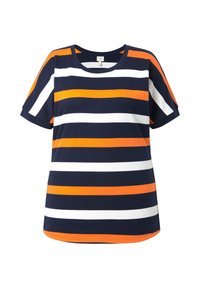 Chemise à manches courtes bleu marine avec des rayures horizontales orange et blanches, dotée d'un col rond et d'un ourlet droit.