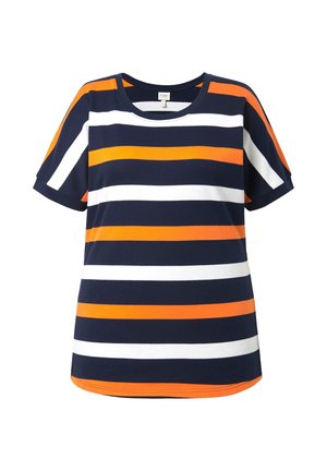 Kurzärmeliges marineblaues Hemd mit horizontalen Streifen in Orange und Weiß, mit rundem Ausschnitt und geradem Saum.