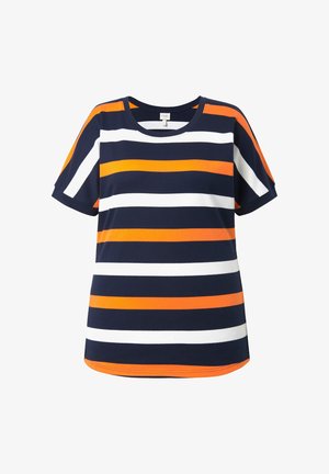 Kurzärmeliges marineblaues Hemd mit horizontalen Streifen in Orange und Weiß, mit rundem Ausschnitt und geradem Saum.