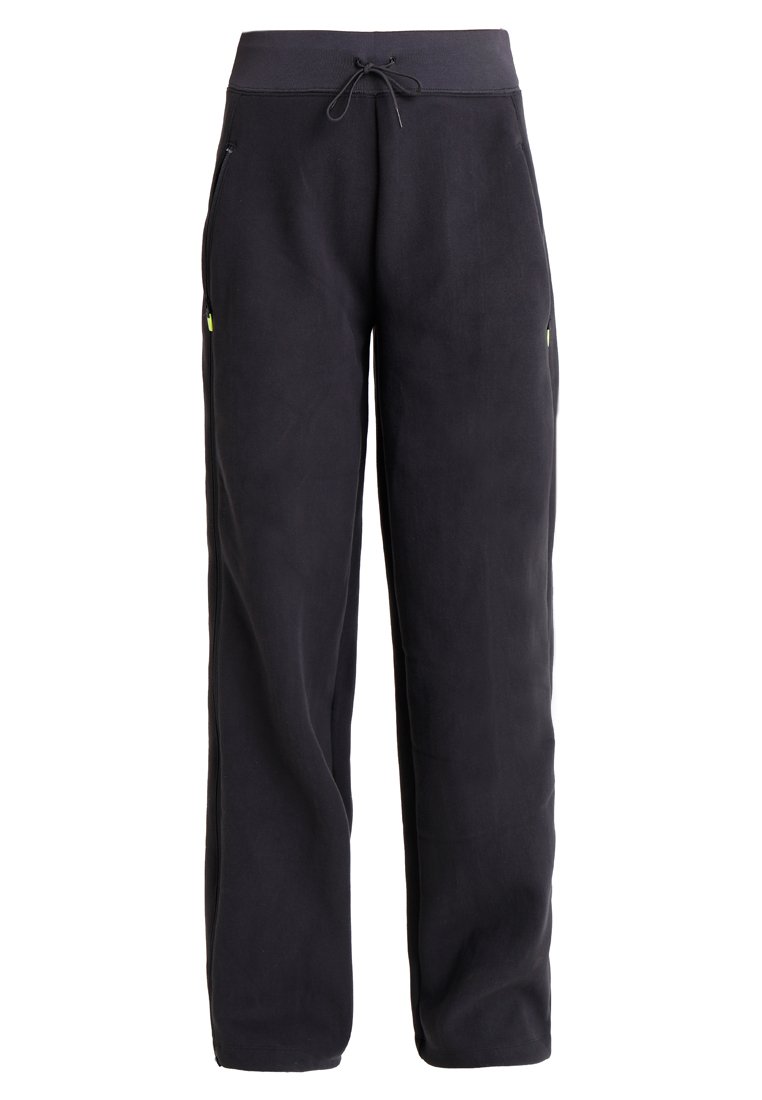 Pantalon en polaire noir avec une taille à cordon de serrage, deux poches latérales et une texture lisse. Présente un accent jaune contrastant près des poches.