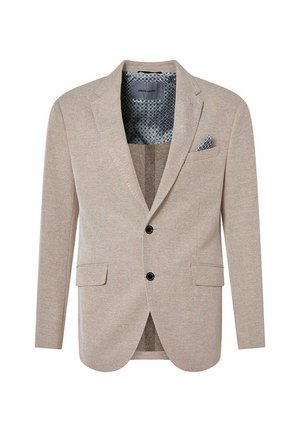 Beige Blazer mit taillierter Passform, zwei vorderen Taschen, drei schwarzen Knöpfen und einem gemusterten blauen Innenfutter. Ergänzt durch ein passendes Taschentuch.