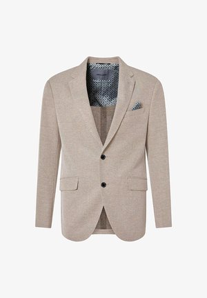 Blazer beige à la coupe ajustée, avec deux poches avant, trois boutons noirs et une doublure bleu à motifs. Complété par un pochette assortie.