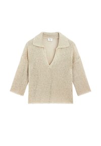 Beige gebreide trui met een V-hals, korte mouwen en een brede kraag. Textuurstof met een losse, relaxte pasvorm en een gegolfde zoom.