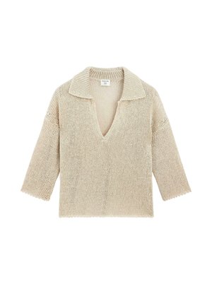 Beige gebreide trui met een V-hals, korte mouwen en een brede kraag. Textuurstof met een losse, relaxte pasvorm en een gegolfde zoom.