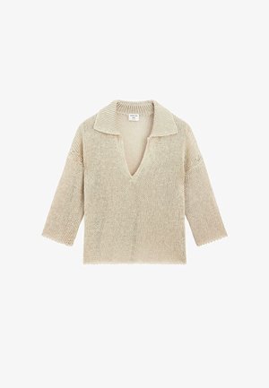 Beige gebreide trui met een V-hals, korte mouwen en een brede kraag. Textuurstof met een losse, relaxte pasvorm en een gegolfde zoom.