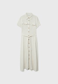 Robe midi beige clair à manches courtes avec col, patte de boutonnage à l'avant, deux poches poitrine à rabats et ceinture à nouer à la taille.